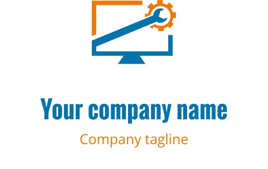 Design de logo moderno com um computador estilizado em laranja e verde-água