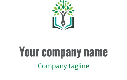 Design de logo moderno com figuras estilizadas e um livro aberto em verde-água e verde