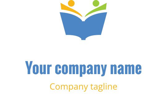 Design de logo colorido com um livro aberto e duas figuras abstratas