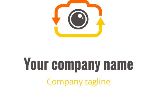 Design de logo de câmera minimalista em cinza com detalhes em laranja e amarelo