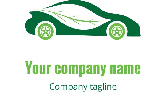 Design de logo de carro moderno verde com detalhes de folhas e rodas arredondadas