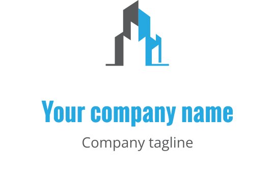 Logo design minimalista em cinza e azul com contorno estilizado de um edifício