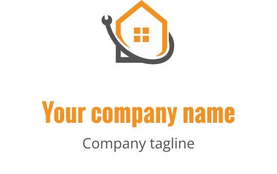 Logo de casa moderna com uma chave inglesa e detalhes laranja
