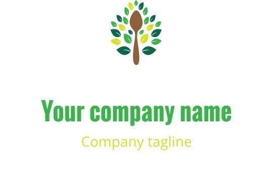 Logo vibrante com arranjo estilizado de frutas e vegetais em marrom e verde-água