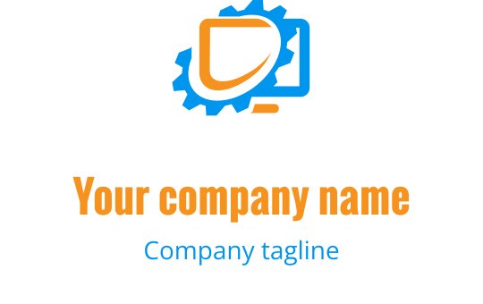 Logo moderno em azul e laranja com computador estilizado e ferramentas